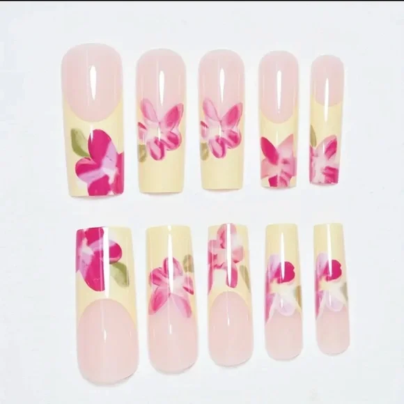 Yellow French Tip & Pink Floral Press On Nail Art Reusable Long Length NWT - Picture 4 of 8